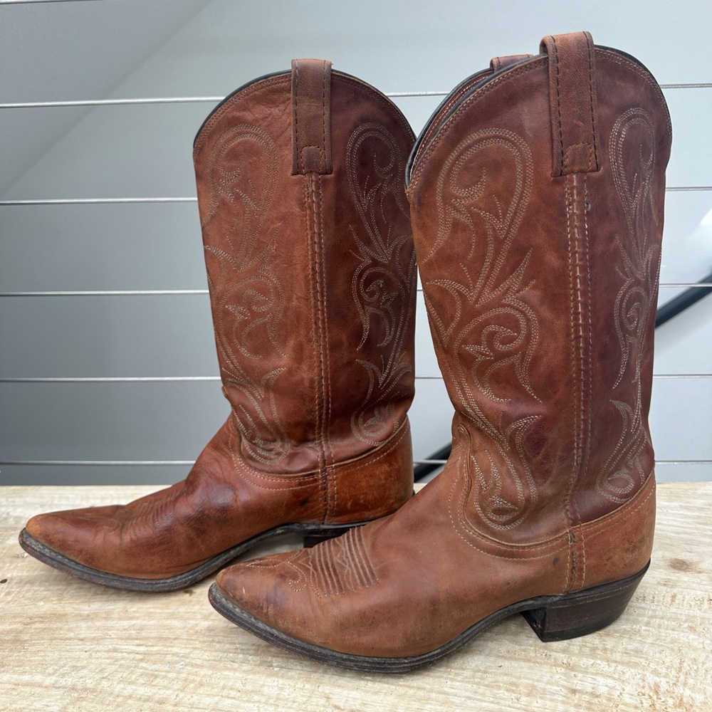 Dan Post Vintage Brown Leather Western Cowboy Boots Embroidered | Size 9.5 - Picture 6 of 9